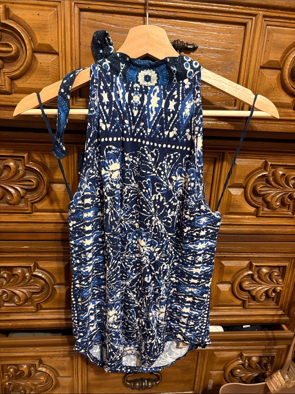 Navy Blue and White Printed Halter Tank Top